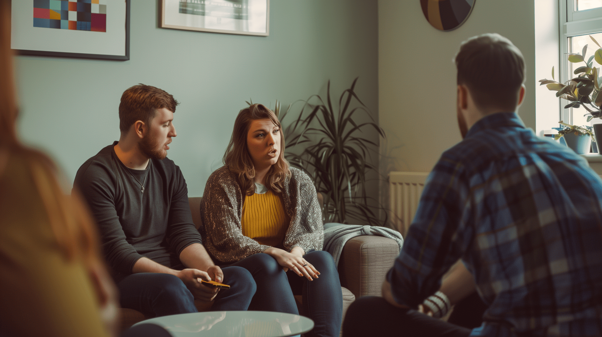 photograph of a couple on a sofa discussing support